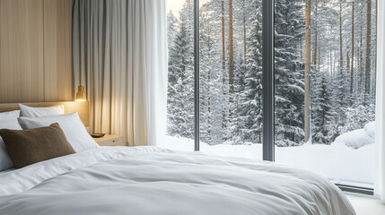 Fototapeta premium Tranquil modern bedroom with smooth white bedding and snowy forest view