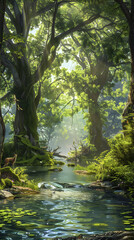 Nature's Symphony: A Harmonious Scene of Tranquil River Flowing Through Lush Forest Coexisting with Wildlife in Perfect Balance