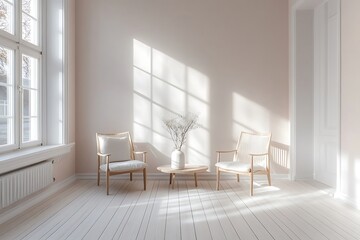 Sunlit minimalist living room with light wood chairs