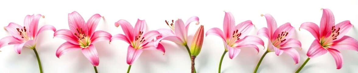 White background with fresh cut pink Oriental Stargazer lily stems, floral, white, background