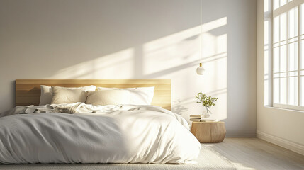 Fototapeta premium Modern bedroom with king sized bed and natural light