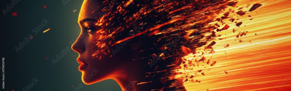Poster surreal depiction of a glowing woman merging into an abstract explosion of radiant fragments and lum