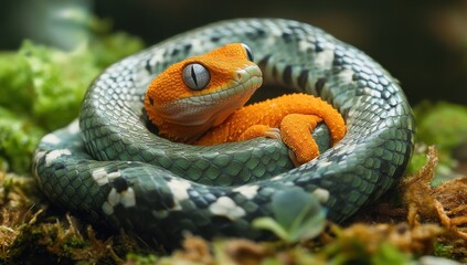 Fototapeta premium Bright Orange Gecko Relaxing on a Sunbathed Green Snake Coiled on Lush Natural Habitat Surrounded by Vibrant Foliage and Soft Background Blur