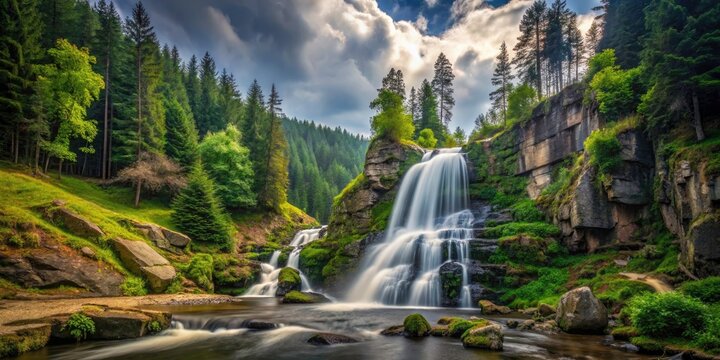 Vertical Landscape of Pancava Waterfall in Krkonose National Park, Czech Republic - Cloudy Weather, Lush Green Forests, Majestic Mountains, and Serene Nature Scenery
