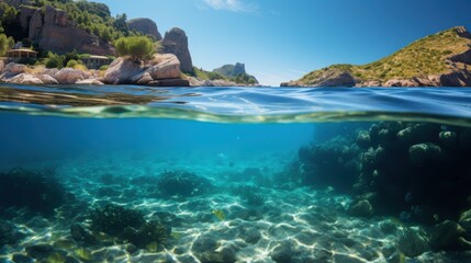 Fototapeta premium A dynamic underwater split-view of Sardinia: the top half shows a sunlit Mediterranean beach with soft sand, while the bottom half captures tropical fish swimming in crystal-clear water, their vibrant