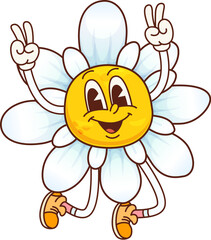 Groovy daisy chamomile flower funny character in retro cartoon, vector emoji face. Hippie groovy daisy chamomile flower character peace sign fingers gesture and silly face for freaky happy emotion