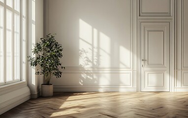 Obraz premium Sunlit Minimalist Room with Plant and Door