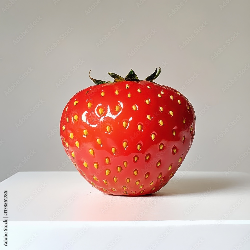 Poster single ripe strawberry on a clean white surface with a glossy red appearance and tiny yellow seeds