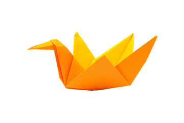 A vibrant orange origami swan, showcasing intricate folds and a sleek design.