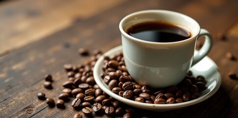 Fototapeta premium Freshly brewed coffee in a mug with a selection of whole coffee beans on a wooden plate, cup, tablecloth, fresh