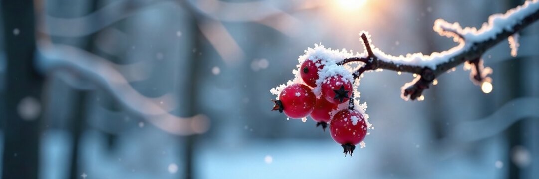 Frozen snowflakes cling to scarlet berries on a bare rowan branch, frost, snowy trees, forest