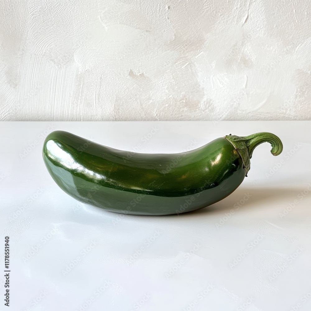 Poster glossy fresh jalapeño pepper with curved shape on white background for culinary use and presentation
