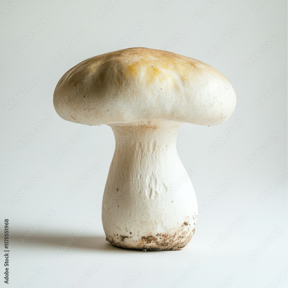 Poster Fresh white mushroom with smooth cap and textured underside displayed on a clean white background