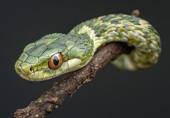 Obraz premium Captivating Close-Up of a Green Tree Snake with Stunning Eyes Posing on a Twisted Branch Against a Dark Background