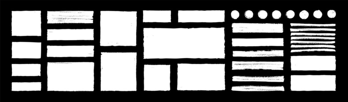 White vector rough edge rectangles on black background. Grunge torned square highlights, overlays collection. Paint brush strokes. Hand-drawn ripped papers for collage. Grungy border dialog text boxes