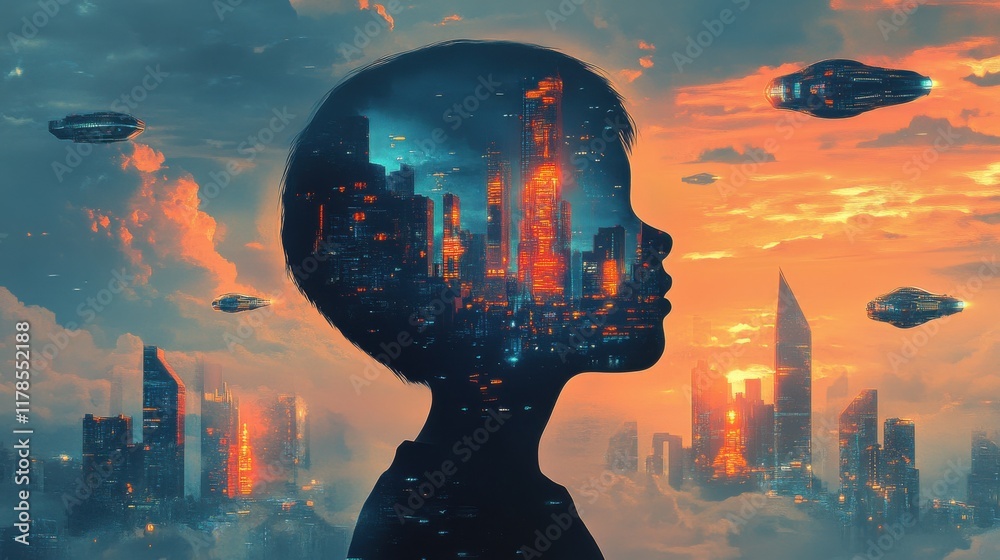 Aufkleber silhouette of a child with a glowing cityscape under a twilight sky filled with futuristic elements