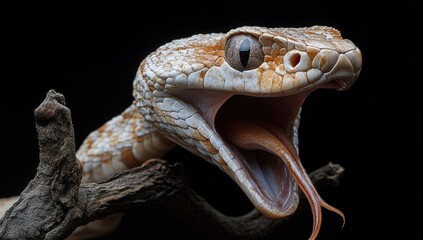 Fototapeta premium Captivating Close-Up of a Python with Open Mouth Displaying Its Forked Tongue, Set Against a Dark Background in a Dramatic Profile View on a Branch