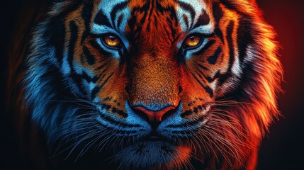Fototapeta premium Close-up of a tiger's intense face, illuminated with vibrant orange and blue hues.
