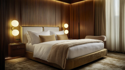 Warm toned bedroom with plush bed and layered blankets