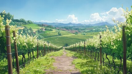 Obraz premium Spring vineyard landscape featuring budding grapevines and rolling hills under clear blue sky