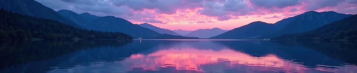 Fototapeta premium Serene lake at dusk with mountains in the background, twilight, mountains, peaceful
