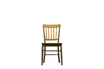 A simple wooden chair with a slatted backrest, positioned centrally and illuminated to highlight its features.