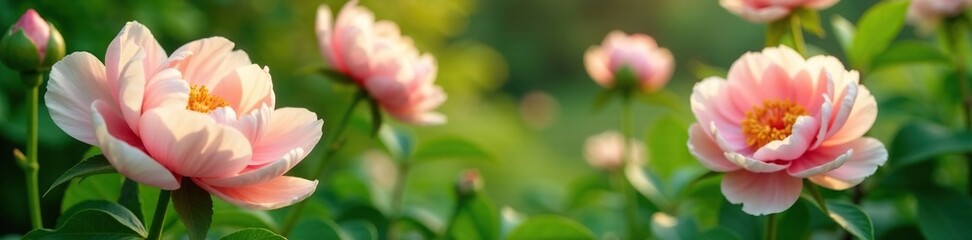Fototapeta premium Soft peach-colored peonies in full bloom amidst lush foliage, flowers, garden