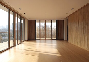 Obraz premium Sunlit Modern Room with Bamboo Wall and Patio Access