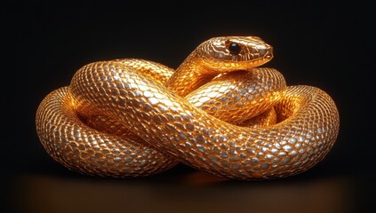Fototapeta premium Captivating Golden Snake Sculpture Showcasing Intricate Scales and Artistic Design on a Dark Background for Creative Visual Projects and Luxury Themes