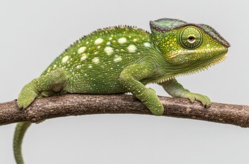 Obraz premium Captivating Green Chameleon Perched on a Branch Showcasing Unique Texture and Color Patterns in a Natural Setting, Ideal for Nature and Animal Photography