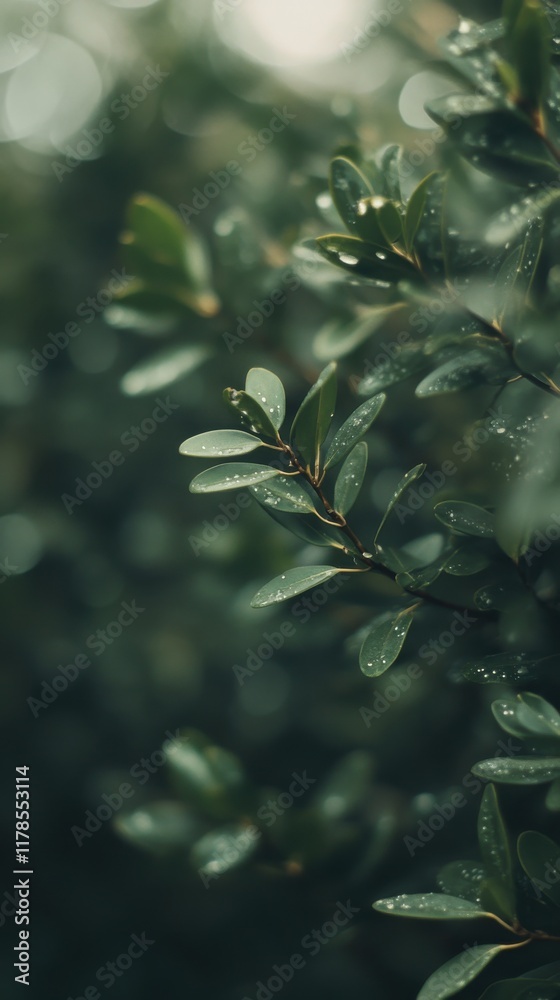 Poster moody olive green and smoky gray bokeh dots create an earthy aesthetic in a lush garden setting