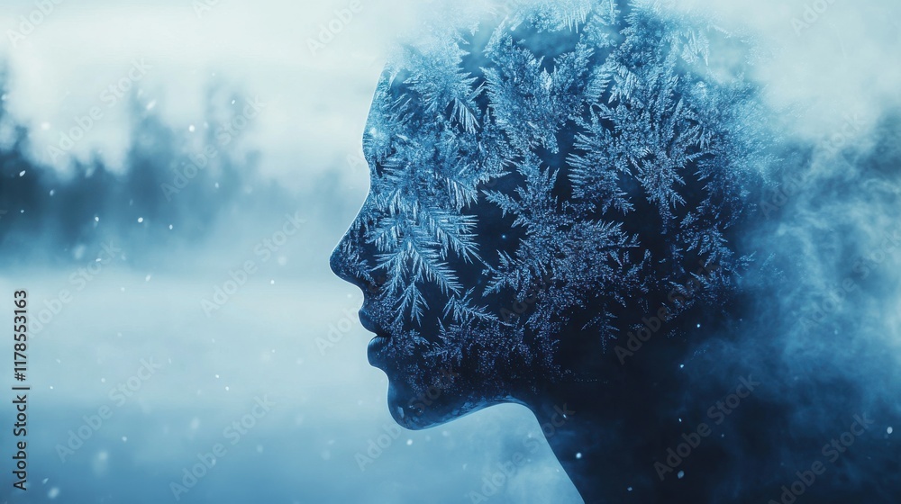 Poster mystical man's profile revealing glowing frosted lakes and shimmering ice patterns in a serene froze