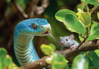 Captivating Moment in Nature: A Vivid Green Snake Staring Intently at a Small Mouse Amidst Lush Green Foliage in a Tropical Environment
