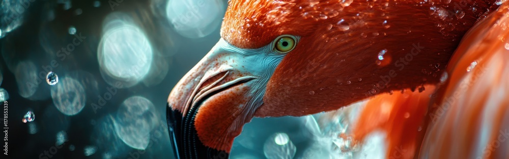 Poster close-up capture of a flamingo highlighting its vibrant colors and elegant beak against a softly blu