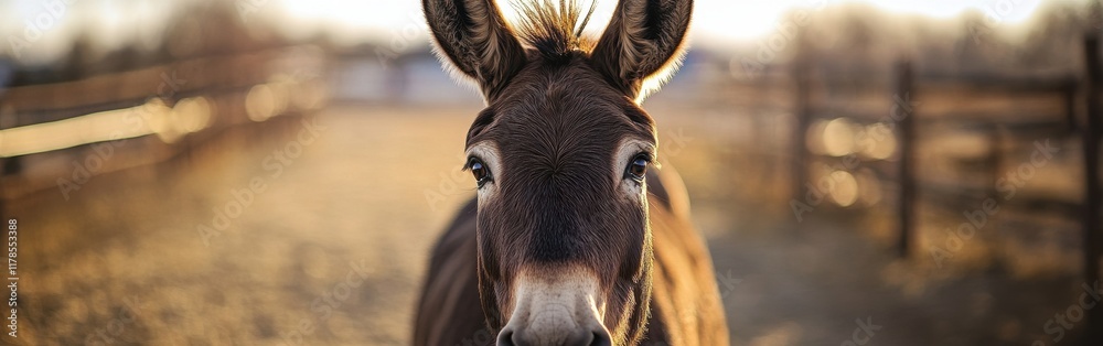 Poster beautiful donkey face with soft nose and expressive eyes captured in warm sunlight