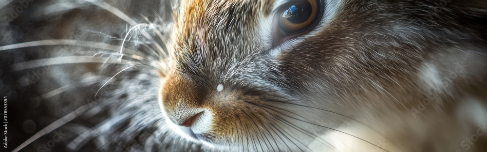 Poster Close-up view of a rabbit's face capturing its fluffy fur and bright eyes in soft background blur