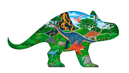 Paper cut dinosaur silhouette with prehistoric landscape. Jurassic dinosaurs paper cut vector banner. Styracosaurus, eoraptor, shunosaurus, pelorosaurus, pteranodon reptile animal cute characters © Vector Tradition