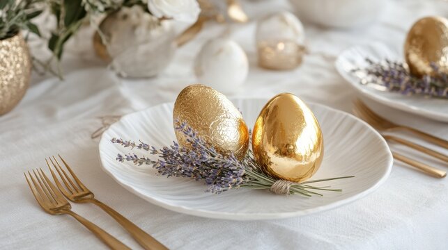 Elegant minimalist Easter table setting featuring golden egg decorations and lavender sprigs for a festive spring celebration - Powered by Adobe