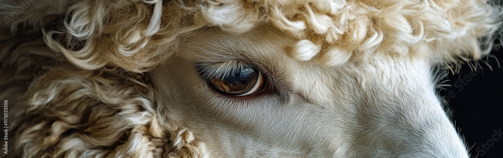 Aufkleber close-up view of an alpaca's fluffy face with expressive eyes and textured fur under soft natural li