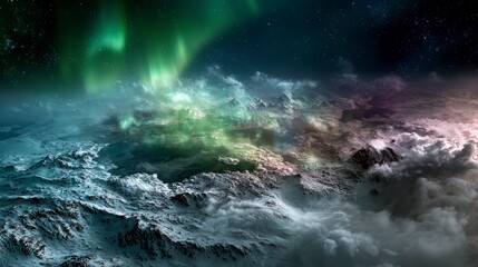 Fototapeta premium Majestic snowy mountains under northern lights captivating arctic night sky photography of nature's wonder