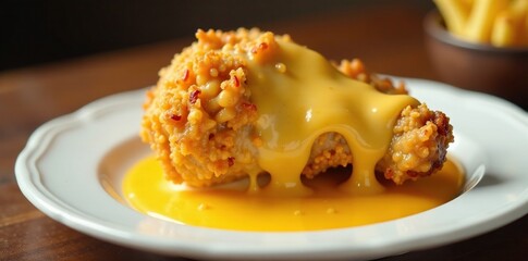 A single crispy fried chicken drumstick with melted cheese on a white plate, gooey, liquid