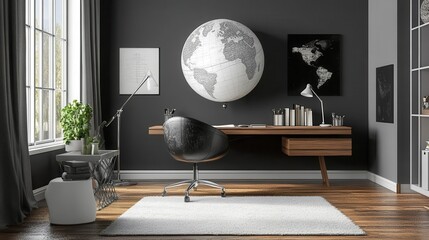 Contemporary home office featuring a stylish globe and minimalist furnishings for an inspiring workspace