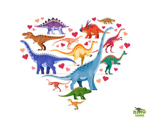Fototapeta premium Heart shape, i love dinosaurs banner. Extinct reptile vector personages banner with Jurassic era titanosauria, velociraptor, avaceratops and alvarezsaurus, lambeosaurus, hypselosaurus cute dinosaurs
