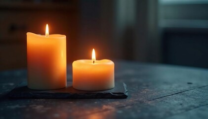 Soft candle glow creates warm and cozy ambiance on slate, peacefulness, tranquility, cozy
