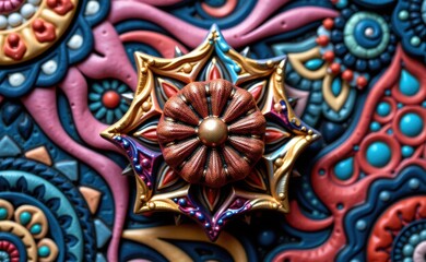 Obraz premium A close-up of a delicate gold necklace resting on a vibrant floral fabric, showcasing intricate details and contrasting textures.