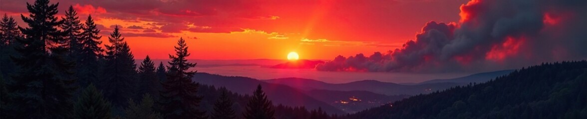 Fototapeta premium Sunset over burning pine forest with wildfire smoke, inferno, forest fire