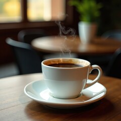 Obraz premium Steaming cup of coffee in a white saucer on a wooden table, comforting, steam