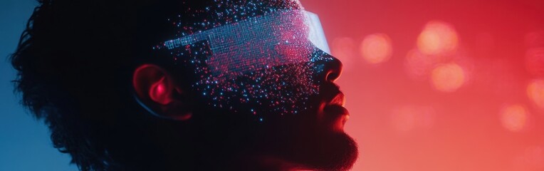 Profile of a man glowing within vibrant virtual reality grids in a holographic environment