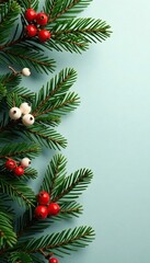 Fresh fir branches decorated with white and multicolored berries, firs, berry clusters