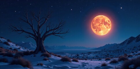 full moon glowing over a barren lunar landscape, stars, earth